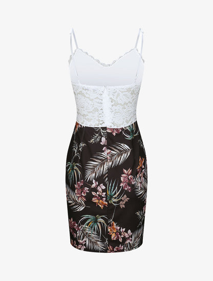 Robe droite à imprimé feuilles tropicales - Noir - 2
