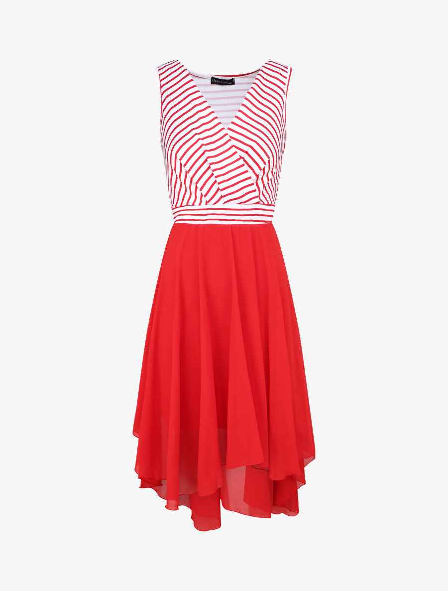 Robe patineuse rayée asymétrique à col cache-coeur - Rouge - 1