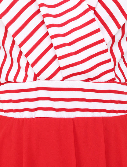 Robe patineuse rayée asymétrique à col cache-coeur - Rouge - 3