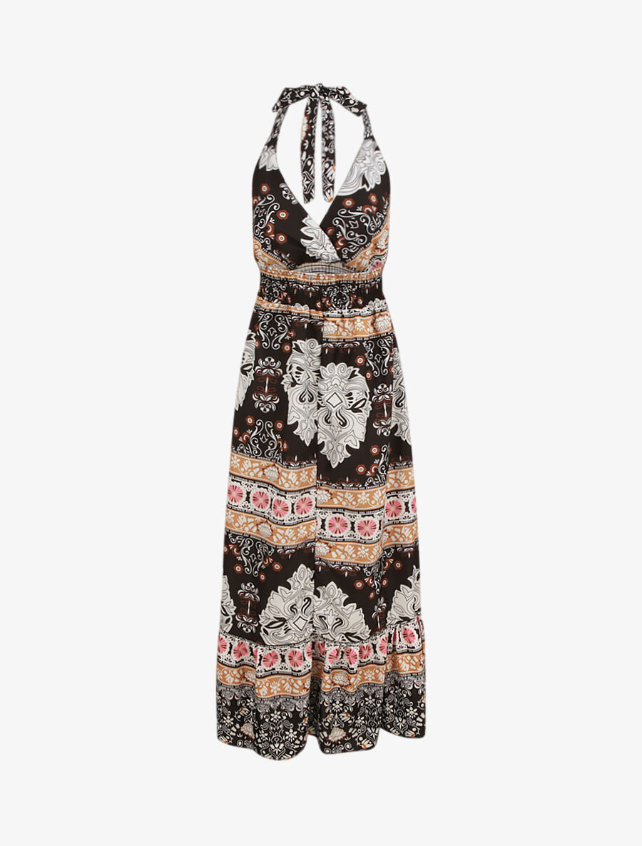 Robe longue dos nu imprimé mosaïque - Noir - 2