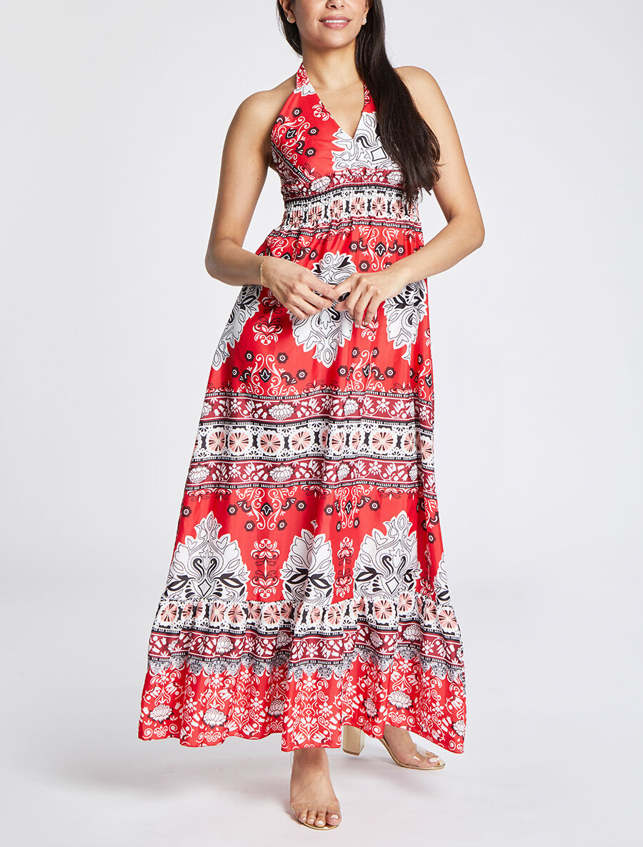 Robe longue dos nu imprimé mosaïque - Rouge - 4