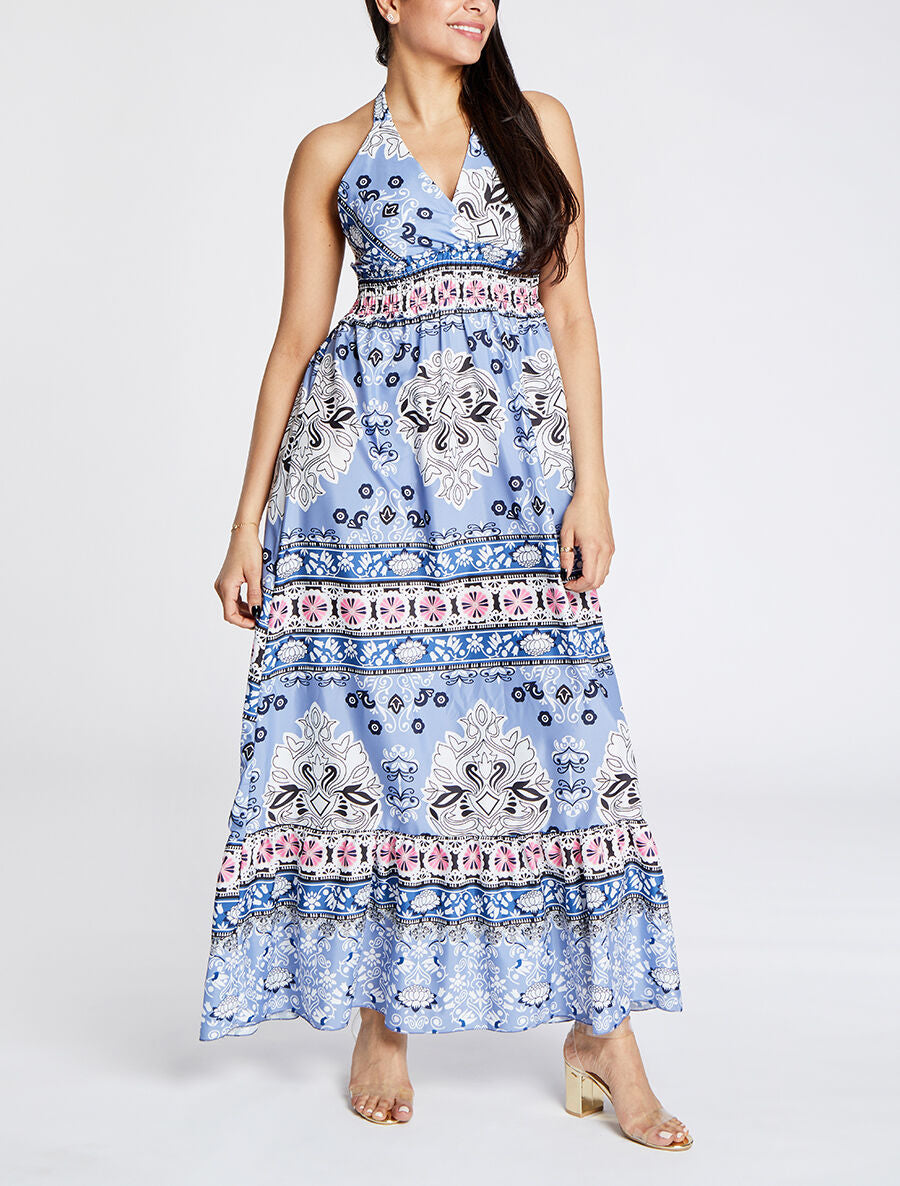 Robe longue dos nu imprimé mosaïque - Bleu - 4