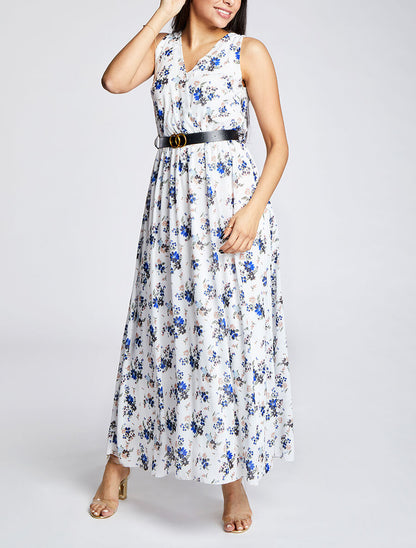 Robe longue à imprimé fleurs printanières - Blanc - 4