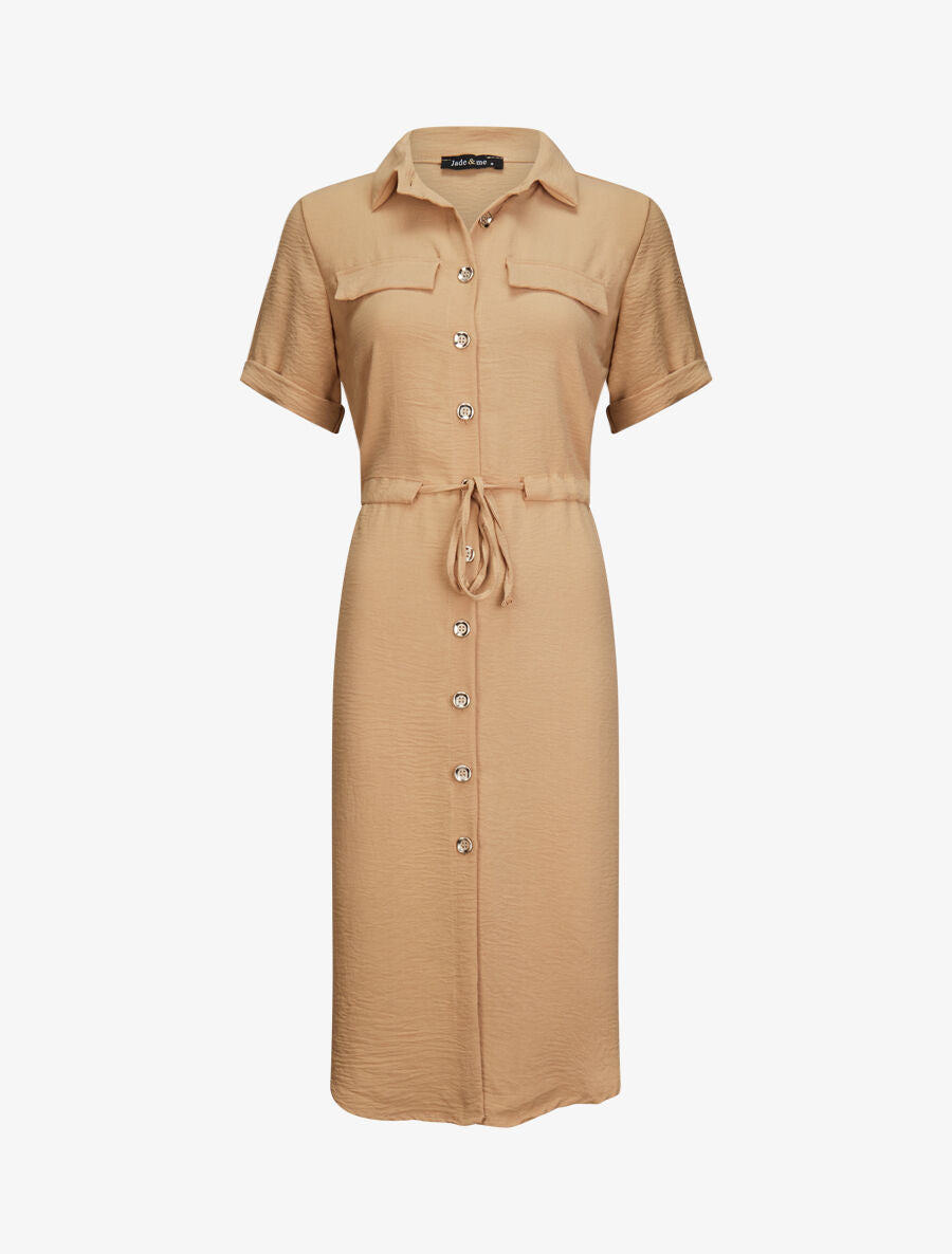 Robe chemise à taille élastiquée - Camel - 4