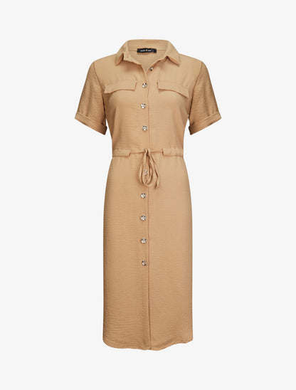 Robe chemise à taille élastiquée - Camel - 4