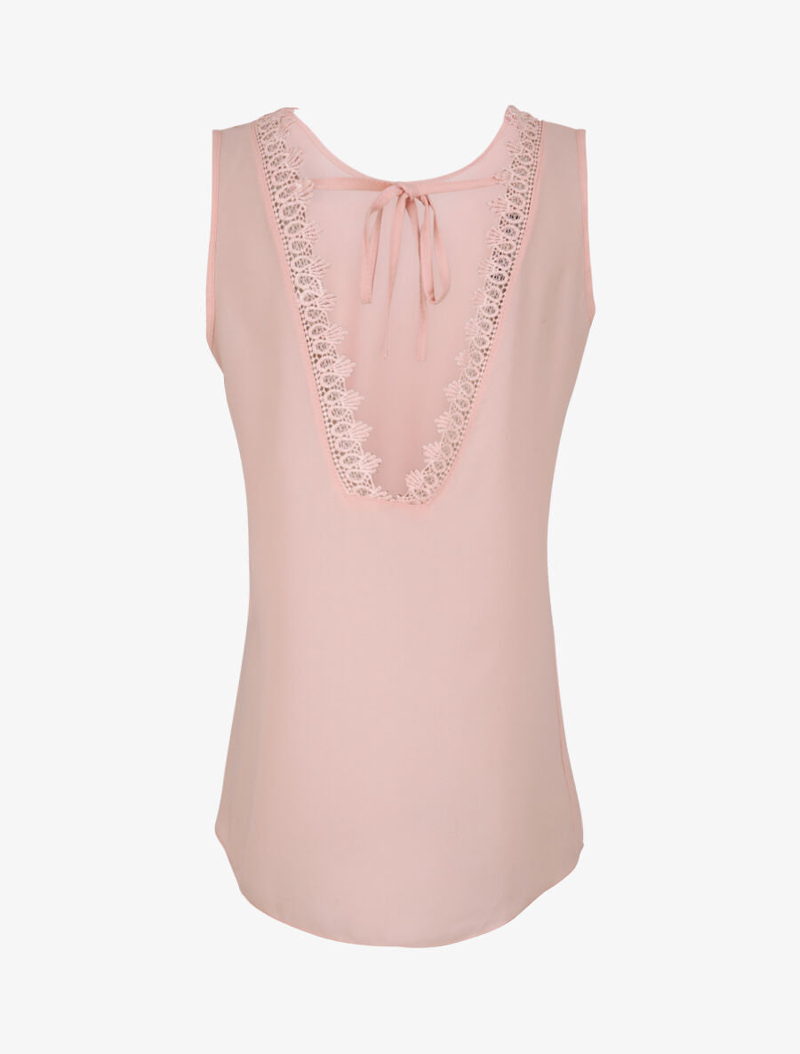 Top droit uni à dos en V et dentelle - Rose pâle - 2
