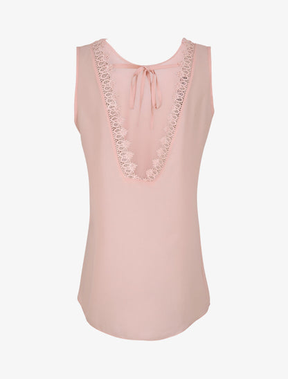 Top droit uni à dos en V et dentelle - Rose pâle - 2