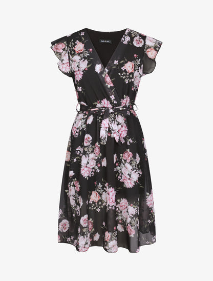 Robe en voile à imprimé fleurs printanières - Noir - 1