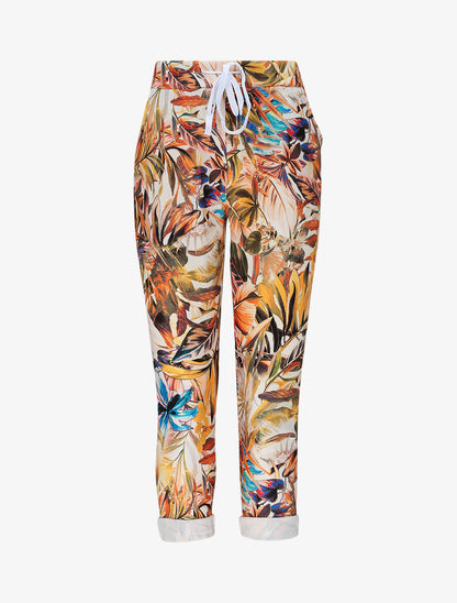 Pantalon imprimé tropical à taille élastiquée - Jaune - 1