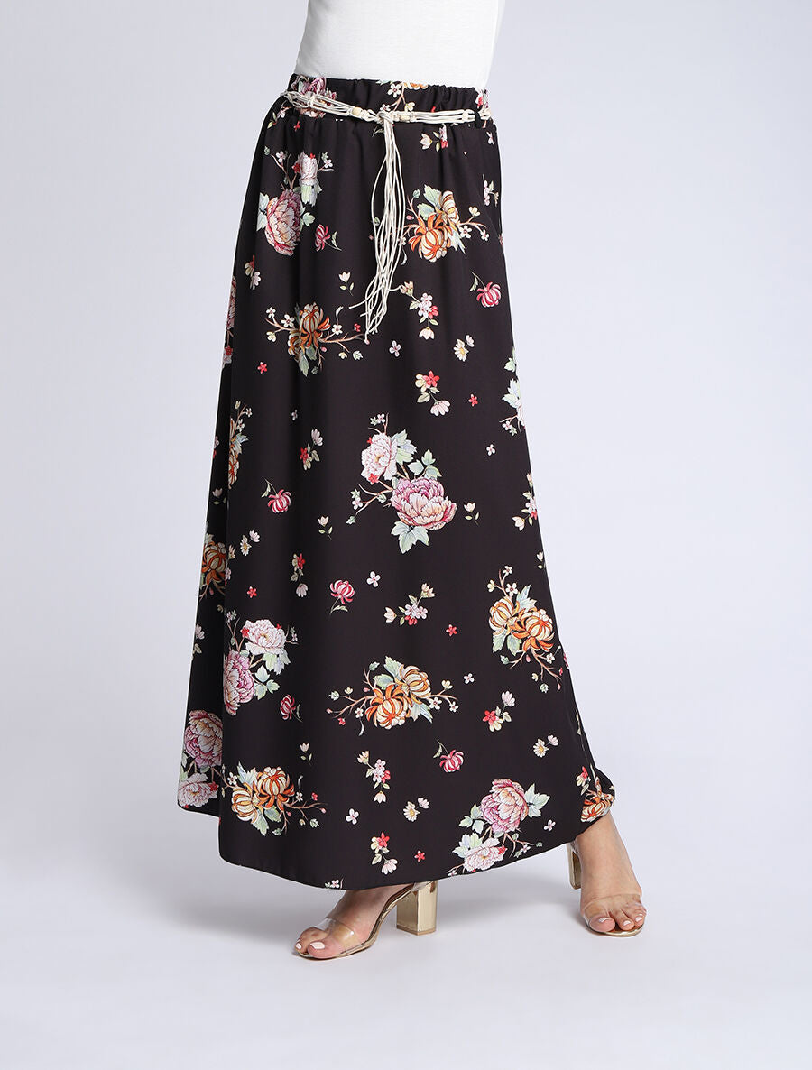 Jupe longue évasée imprimé pivoines - Noir - 3