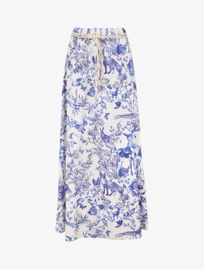 Jupe longue évasée imprimé toile de jouy - Bleu - 1