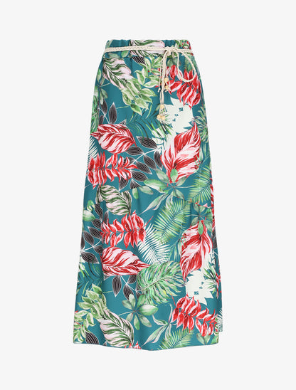 Jupe mi-longue à couture en V imprimé tropical - Bleu canard - 1