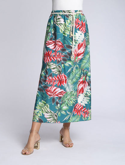 Jupe mi-longue à couture en V imprimé tropical - Bleu canard - 4
