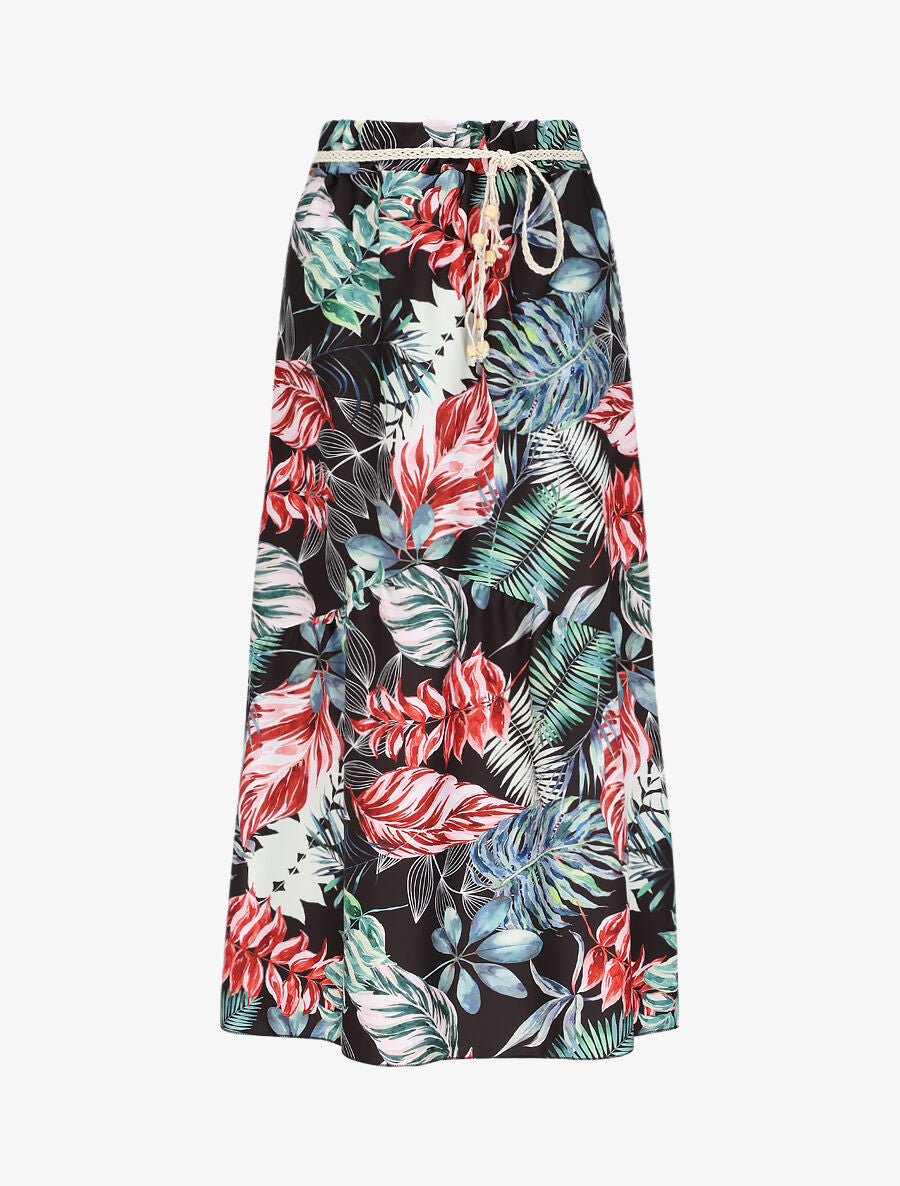 Jupe mi-longue à couture en V imprimé tropical - Noir - 1