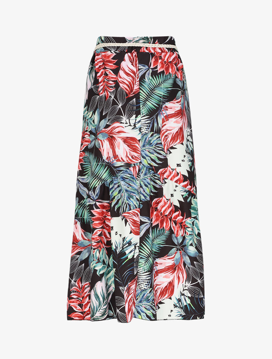 Jupe mi-longue à couture en V imprimé tropical - Noir - 2