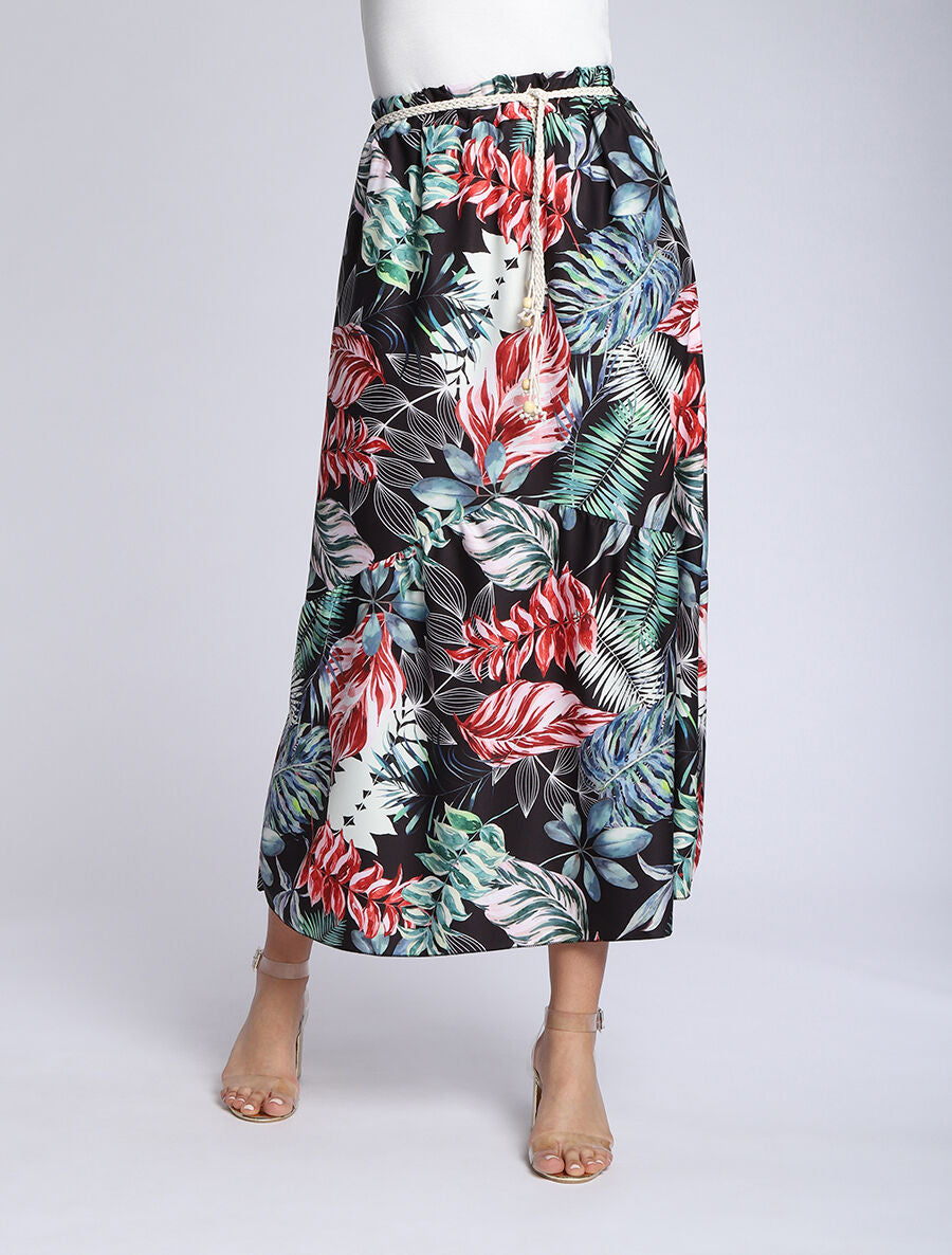Jupe mi-longue à couture en V imprimé tropical - Noir - 4
