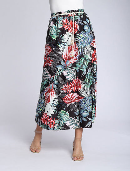 Jupe mi-longue à couture en V imprimé tropical - Noir - 4