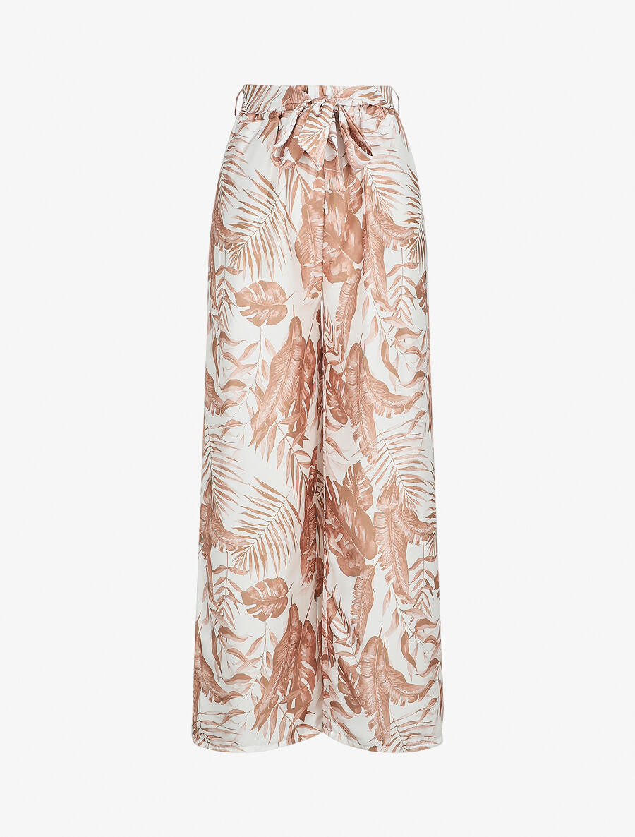 Pantalon satiné imprimé tropical - Camel - 1