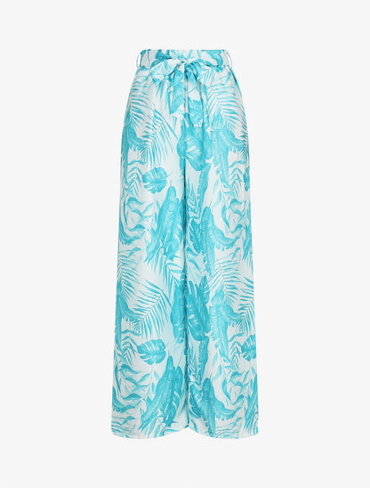 Pantalon satiné imprimé tropical - Turquoise - 4