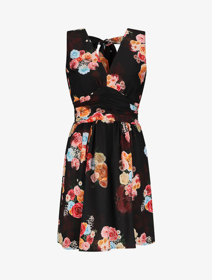 Robe col V à imprimé floral - Noir - 1