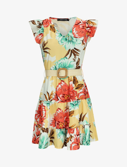 Robe patineuse volantée imprimé pivoines - Blanc - 1