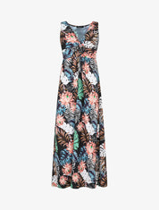 Robe longue col V torsadé imprimé tropical - Noir - 1
