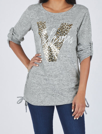 Pull ample à flocage V léopard - Gris chiné - 4