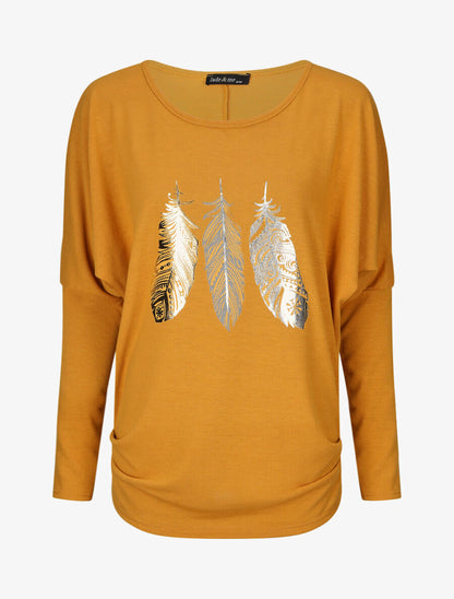 Pull ample à motif plumes irisées - Moutarde - 4