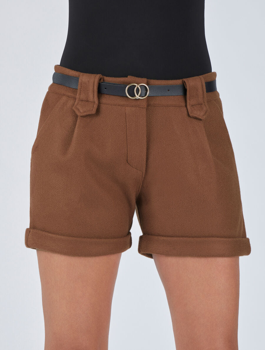 Short uni droit en laine mélangée - Camel - 4