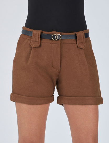 Short uni droit en laine mélangée - Camel - 4
