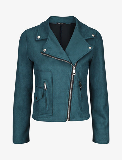 Veste style perfecto zippée en suédine - Bleu canard - 1