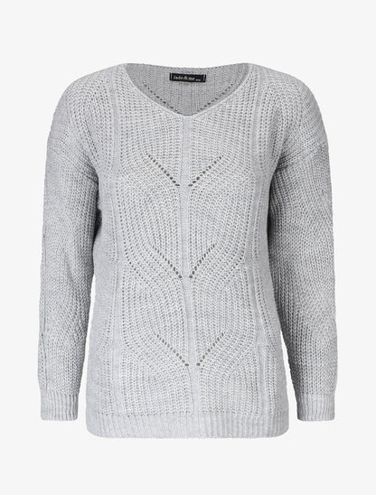 Pull uni en grosse maille à col rond - Gris - 4