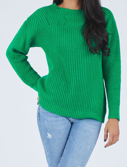 Pull uni en grosse maille à col bateau - Vert - 4