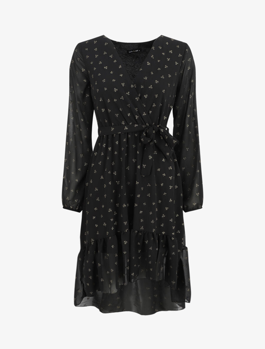 Robe élastiquée imprimée feuilles irisées - Noir - 1