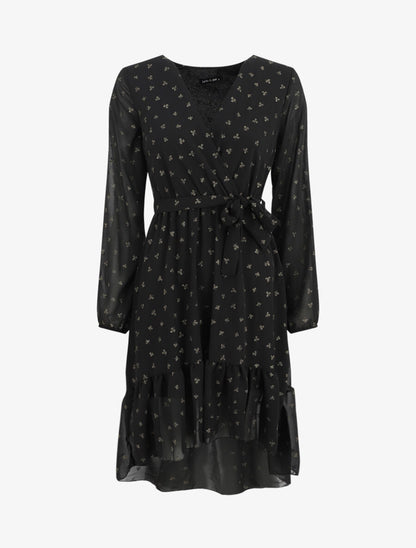 Robe élastiquée imprimée feuilles irisées - Noir - 1