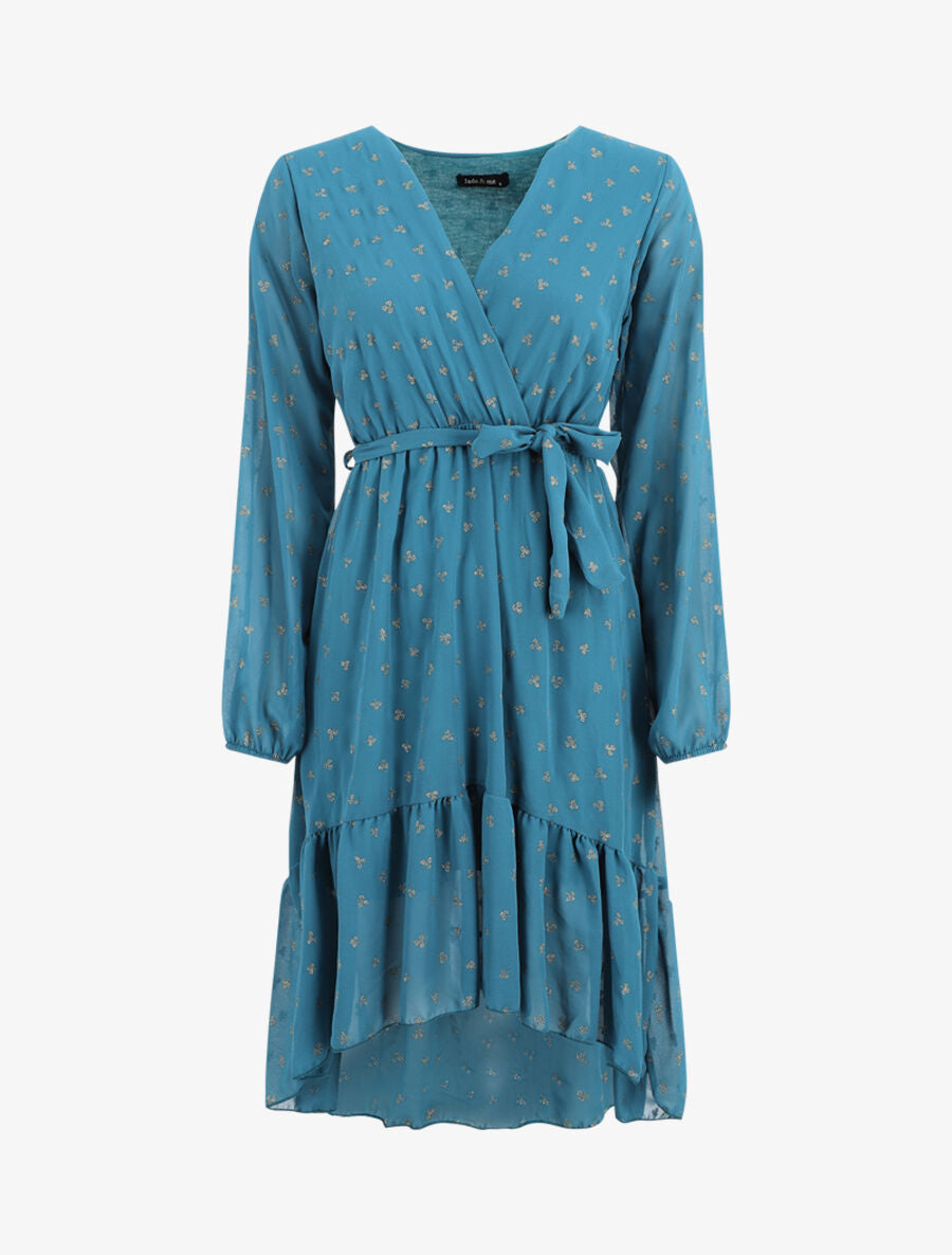 Robe élastiquée imprimée feuilles irisées - Bleu canard - 5