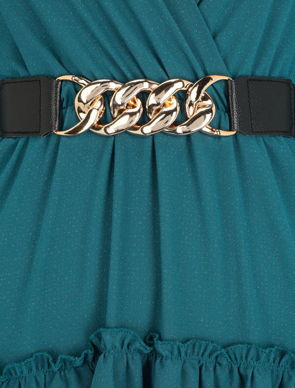 Robe à col cache-coeur volantée - Bleu canard - 3