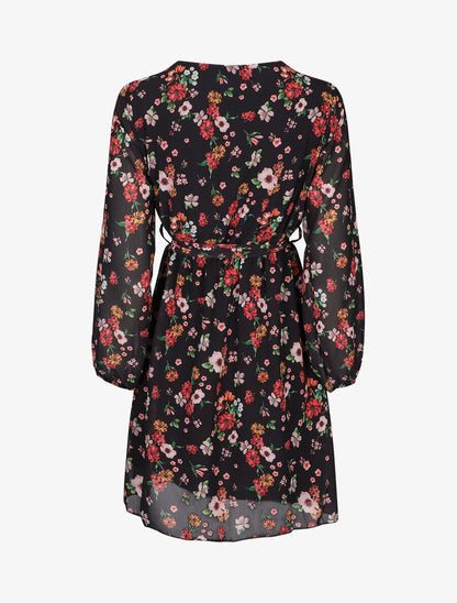 Robe mi-longue taille élastiquée imprimé petites fleurs - Noir - 2