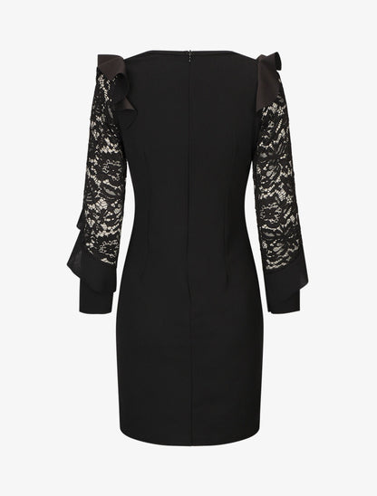 Robe unie à manches longues volantées en dentelle - Noir - 2