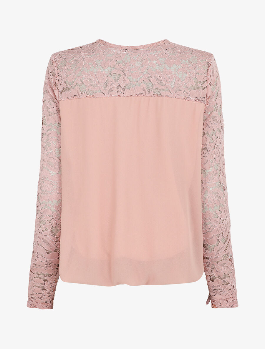 Top droit à manches en dentelle - Rose - 2