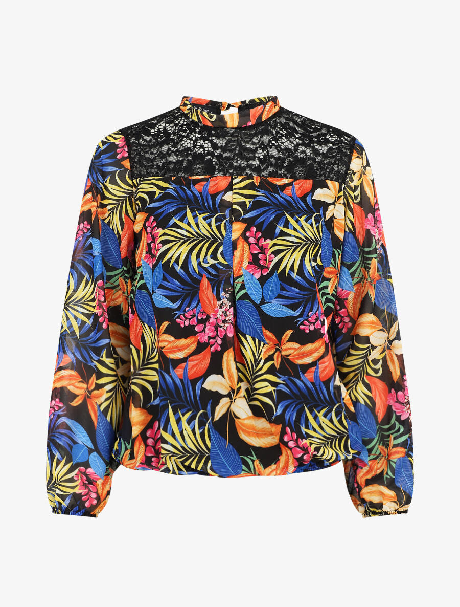 Blouse en voile imprimé tropical - Noir - 5