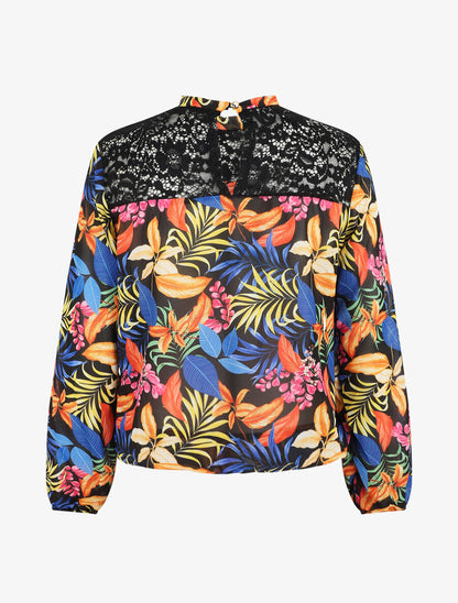 Blouse en voile imprimé tropical - Noir - 2
