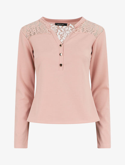 Blouse unie à dentelle - Rose - 1