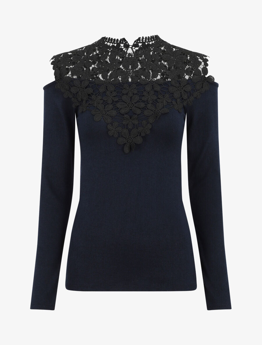 Pull à épaules ajourées en crochet - Bleu nuit - 1