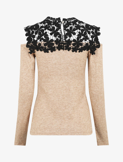 Pull à épaules ajourées en crochet - Beige - 2