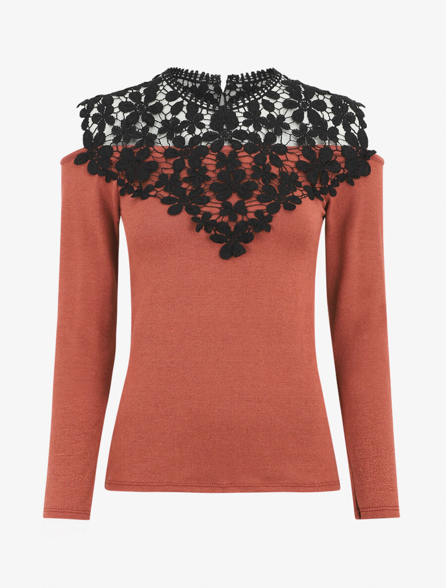 Pull à épaules ajourées en crochet - Terre de sienne - 1