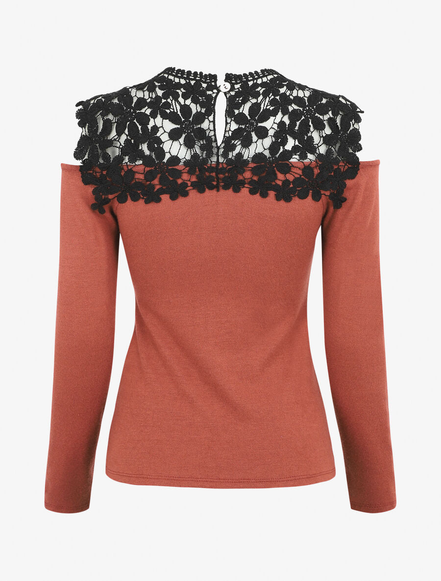 Pull à épaules ajourées en crochet - Terre de sienne - 2