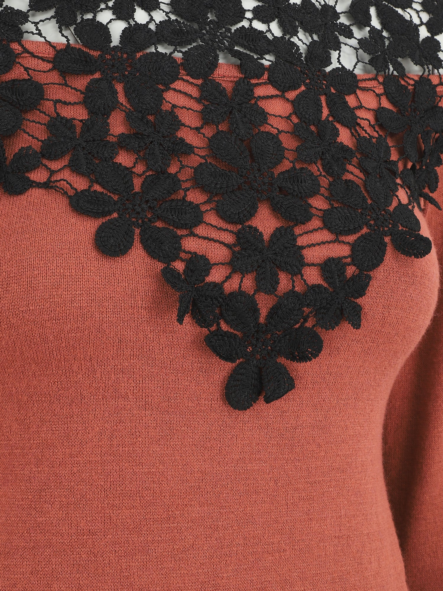 Pull à épaules ajourées en crochet - Terre de sienne - 3