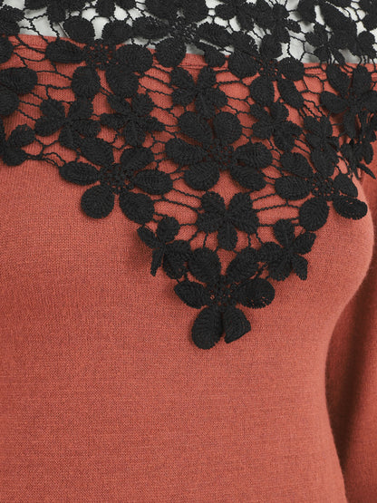 Pull à épaules ajourées en crochet - Terre de sienne - 3