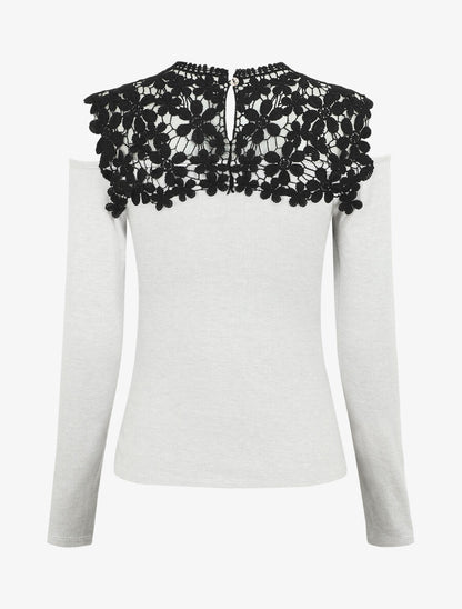 Pull à épaules ajourées en crochet - Gris clair - 2